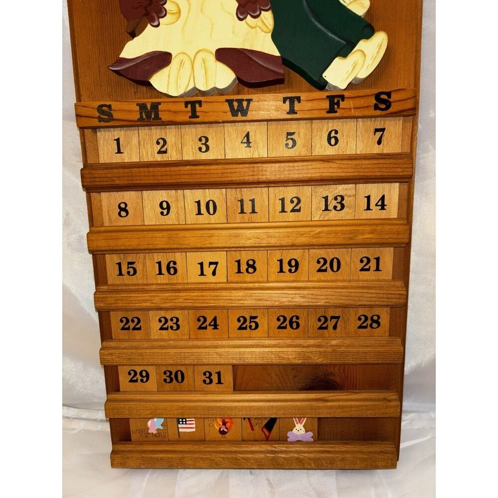 Vintage Wooden Perpetual Calendar Bunnies Cottage Core Decor